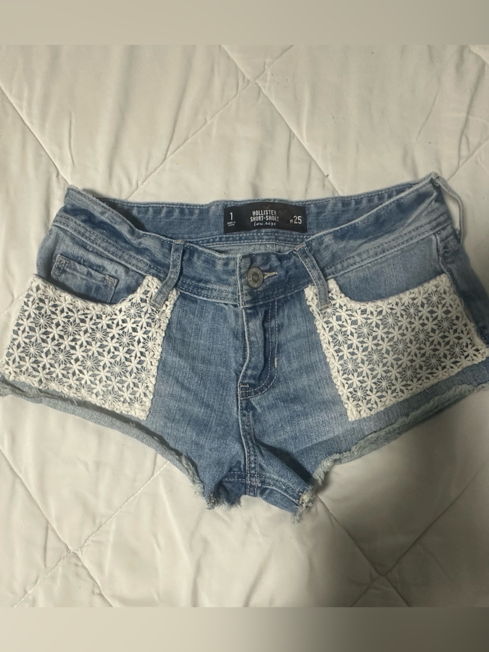 Hollister Y2K Light Blue Denim Crochet Pocket Shorts